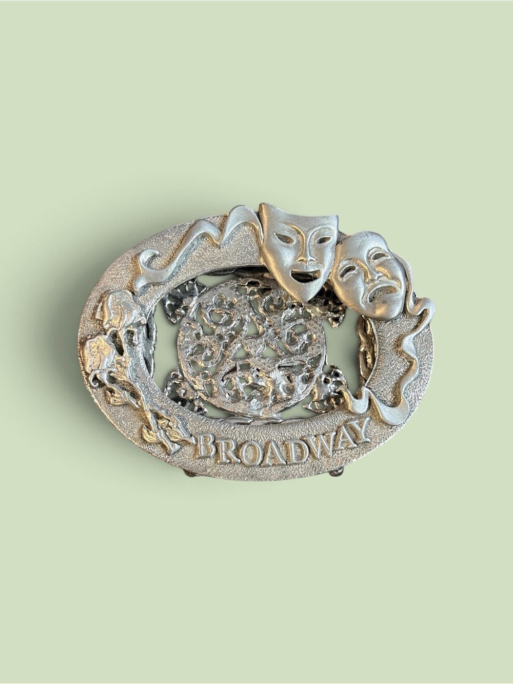 Vintage Broadway Comedy Tragedy Theater Mask Celtic Silver Tone Belt Buckle